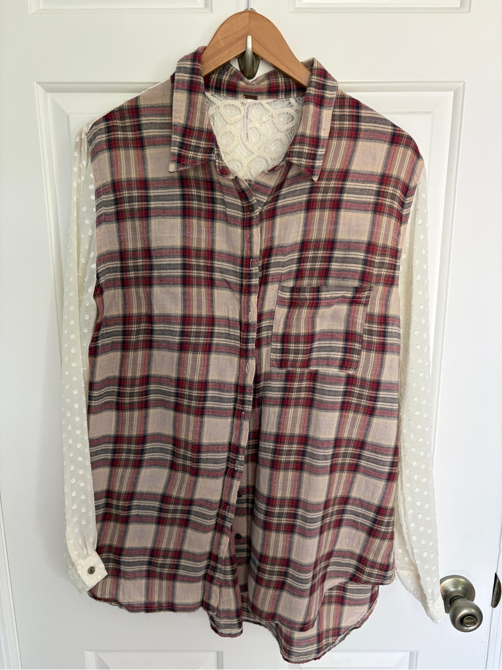 Free People Medium Red Navy Tan Plaid Shirt with Ivory Lace Back Cotton Body